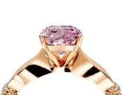Solitaire Engagement Ring Setting for Fancy Pink Cushion Cut Center with Carved Leaf Shoulders and Prong Head in Rose Gold