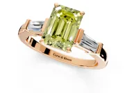 3 Stone Engagement Ring Setting for Fancy Yellow Emerald Cut Center with Channel Baguette Accents and Prong Head in Rose Gold