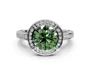Halo Engagement Ring Setting for Fancy Green Round Cut Center with Framed Halo, Pave Band and Prong Head in White Gold