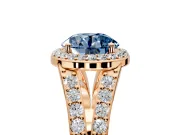Halo Engagement Ring Setting for Fancy Blue Round Cut Center with Narrow Pave Split Shank and Prong Head in Rose Gold
