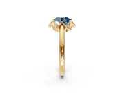 Floral Frame Engagement Ring Setting for Fancy Blue Round Cut Center with Accent Clusters and Prong Head in Yellow Gold