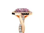 Halo Engagement Ring Setting for Fancy Pink Radiant Cut Center with Pave and Plain Twist Band and Prong Head in Rose Gold