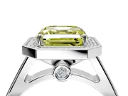 Halo Engagement Ring Setting for Fancy Yellow Asscher Cut Center with Outer Bezel Rim, Pave Band and Prong Head in Platinum