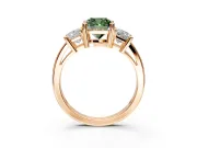 3 Stone Engagement Ring Setting for Fancy Green Cushion Cut Center with Matching Side Accents and Prong Head in Rose Gold