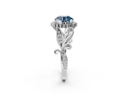 Halo Engagement Ring Setting for Fancy Blue Round Cut Center with Leaf Motif Split Shank and Prong Head in Sterling Silver