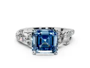 Leaf Motif Engagement Ring Setting for Fancy Blue Asscher Cut Center with Pave Band and Prong Head in Sterling Silver