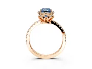 Halo Engagement Ring Setting for Fancy Blue Radiant Cut Center with Openwork Halo, Pave Band and Prong Head in Rose Gold