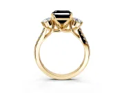 3 Stone Engagement Ring Setting for Fancy Black Asscher Cut Center with Crossover Basket, Pave Band and Prong Head in Yellow Gold