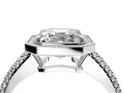 Milgrain Halo Engagement Ring Setting for Asscher Cut Center with Three-Sided Pave Band and Prong Head in White Gold