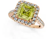 Halo Engagement Ring Setting for Fancy Yellow Asscher Cut Center with Raised Halo, Pave Band and Prong Head in Rose Gold