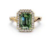 Halo Engagement Ring Setting for Fancy Green Emerald Cut Center with Twist Band and Prong Head in Yellow Gold