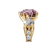 3 Stone Engagement Ring Setting for Fancy Pink Heart-Shaped Center with Crossover Basket, Pave Band and Prong Head in Yellow Gold