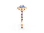 Milgrain Floral Halo Engagement Ring Setting for Fancy Blue Cushion Cut Center with Pave Band and Prong Head in Rose Gold