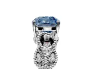 Leaf Engagement Ring Setting for Fancy Blue Cushion Cut Center with Milgrain Accent Band and Prong Head in White Gold