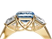 3 Stone Engagement Ring Setting for Fancy Blue Asscher Cut Center with Raised Basket Heads and Prong Head in Yellow Gold