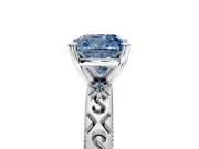 Solitaire Engagement Ring Setting for Fancy Blue Cushion Cut Center with Scrollwork Band and Prong Head in Platinum