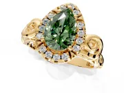 Halo Engagement Ring Setting for Fancy Green Pear-Shaped Center with Open Scroll Shoulders and Prong Head in Yellow Gold