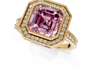 Halo Engagement Ring Setting for Fancy Pink Asscher Cut Center with Milgrain Pave Band and Bezel Head in Yellow Gold