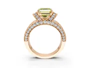 Pave Engagement Ring Setting for Fancy Yellow Asscher Cut Center with Curved Accent Rows, Openwork and Prong Head in Rose Gold