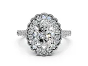 Milgrain Floral Halo Engagement Ring Setting for Oval Center with Pave Band and Prong Head in Platinum