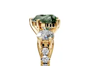 3 Stone Engagement Ring Setting for Fancy Green Heart-Shaped Center with Crossover Basket, Pave Band and Prong Head in Yellow Gold