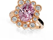 Cluster Halo Engagement Ring Setting for Fancy Pink Oval Center with Milgrain Bezel Accents and Prong Head in Rose Gold