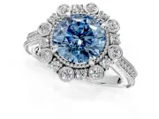 Milgrain Halo Engagement Ring Setting for Fancy Blue Round Cut Center with Bezel Point Accents and Prong Head in Platinum