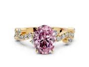 Solitaire Engagement Ring Setting for Fancy Pink Oval Center with Bar-Station Pave Twist and Prong Head in Yellow Gold