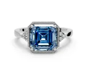 Cluster Engagement Ring Setting for Fancy Blue Asscher Cut Center with Milgrain Shoulder Clusters and Prong Head in Platinum
