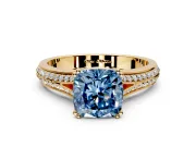 Solitaire Engagement Ring Setting for Fancy Blue Cushion Cut Center with Pave Rail Split Shank and Prong Head in Yellow Gold