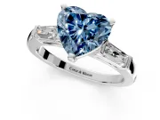 3 Stone Engagement Ring Setting for Fancy Blue Heart-Shaped Center with Tapered Baguettes, Plain Band and Prong Head in White Gold