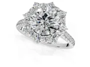 Halo Engagement Ring Setting for Round Cut Center with Single-Row Pave, Open Basket and Prong Head in Platinum