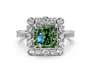 Milgrain Halo Engagement Ring Setting for Fancy Green Princess Cut Center with Bezel Point Accents and Prong Head in Platinum