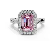 Halo Engagement Ring Setting for Fancy Pink Emerald Cut Center with Twist Band and Prong Head in Sterling Silver