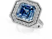 Halo Engagement Ring Setting for Fancy Blue Asscher Cut Center with Milgrain Frame, Pave Band and Prong Head in Sterling Silver