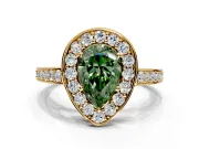 Bezel-Framed Halo Engagement Ring Setting for Fancy Green Pear-Shaped Center with Pave Band and Prong Head in Yellow Gold