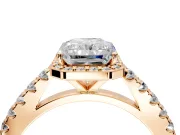 Halo Engagement Ring Setting for Radiant Cut Center with Full Pave Band and Prong Head in Rose Gold