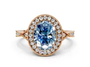 Halo Engagement Ring Setting for Fancy Blue Oval Center with Milgrain Rim, Pave Band and Prong Head in Rose Gold
