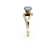 Solitaire Engagement Ring Setting for Fancy Blue Asscher Cut Center with Pave Bypass Swirl Band and Prong Head in Yellow Gold
