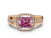 Halo Engagement Ring Setting for Fancy Pink Asscher Cut Center with Wide Band, Inlaid Accent Row and Prong Head in Rose Gold