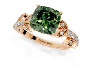 Leaf Motif Engagement Ring Setting for Fancy Green Cushion Cut Center with Pave Band and Prong Head in Rose Gold