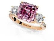 3 Stone Engagement Ring Setting for Fancy Pink Asscher Cut Center with Crossover Basket, Pave Band and Prong Head in Rose Gold