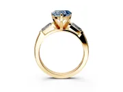 3 Stone Engagement Ring Setting for Fancy Blue Heart-Shaped Center with Tapered Baguettes, Plain Band and Prong Head in Yellow Gold