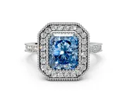 Halo Engagement Ring Setting for Fancy Blue Radiant Cut Center with Milgrain Frame, Pave Band and Prong Head in Sterling Silver