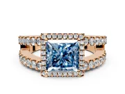 Halo Engagement Ring Setting for Fancy Blue Princess Cut Center with Wide-Open Pave Split Shank and Prong Head in Rose Gold