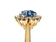 Starburst Halo Engagement Ring Setting for Fancy Blue Round Cut Center with Thin Round-Wire Band and Prong Head in Yellow Gold