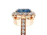 Floral Halo Engagement Ring Setting for Fancy Blue Emerald Cut Center with Large Halo Accents and Prong Head in Rose Gold