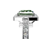 Bezel-Framed Halo Engagement Ring Setting for Fancy Green Princess Cut Center with Pave Band and Prong Head in Platinum