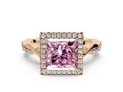 Halo Engagement Ring Setting for Fancy Pink Princess Cut Center with Twist Band and Prong Head in Rose Gold