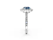 Milgrain Floral Halo Engagement Ring Setting for Fancy Blue Round Cut Center with Pave Band and Prong Head in Platinum